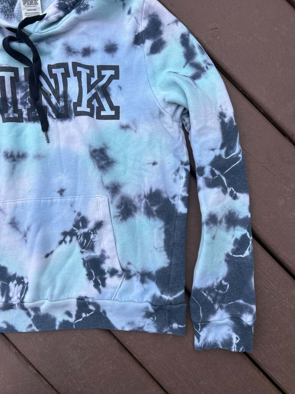 PINK Victoria's Secret Tie-Dye Hooded Sweatshirt in Black and Light Blue - Picture 3 of 8